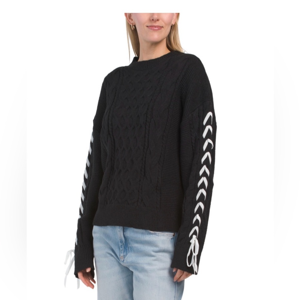 Lena NWOT Black Cable Knit Sweater with White Ribbon Accents